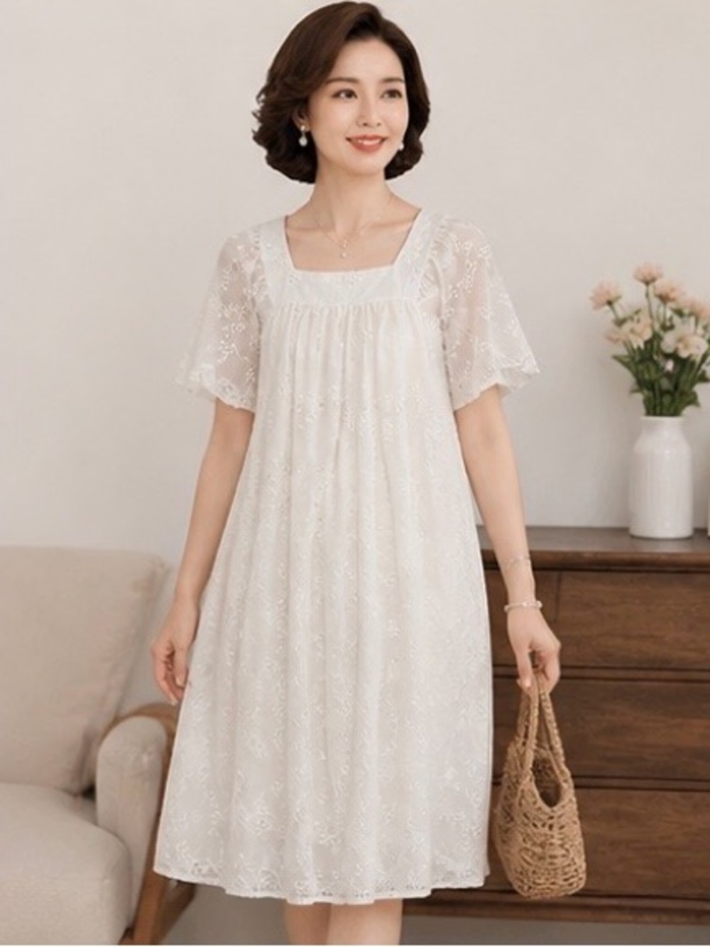 White Lace Square-Neck Midi Dress